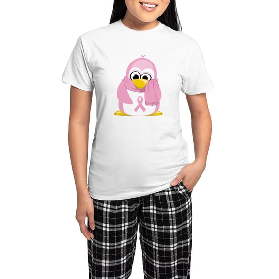 CafePress - Breast Cancer Pink Penguin Women's Light Pajamas - Women's Short Sleeve Print T-Shirt and Pants Light Cotton Pajama Set