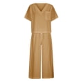thumbnail image 4 of EGNMCR Womens Cotton Linen 2 Piece Outfits Short/Long Sleeve Shirts Top with Baggy Wide Leg Pants Sets Loungewear Plus Size Womens Clothes Khaki - Summer Savings Clearance, 4 of 5