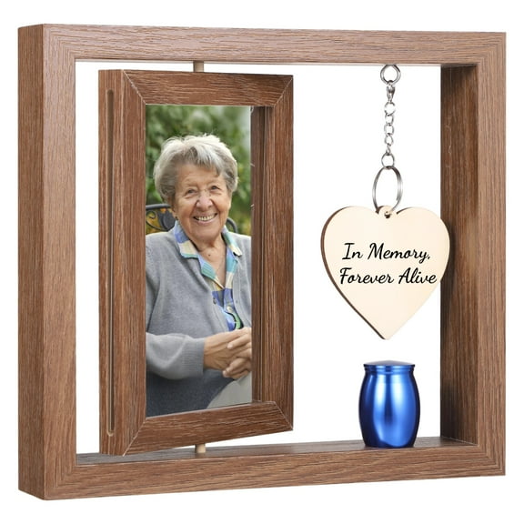 Memorial Photo Frame with Mini Urn, Wooden Rotating Memory Picture Frame and Small Urn Set, Fits 4 x 6 in Dual Photos, Sympathy Present Keepsake for Loss of Loved Ones & Pets