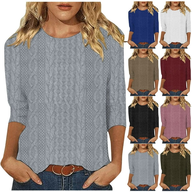 Camisa gris para mujer,Blusa informal de punto con cuello redondo y mangas 3/4 para mujer, color liso, de imitación de tela, para uso diario y en casa, sopatenor