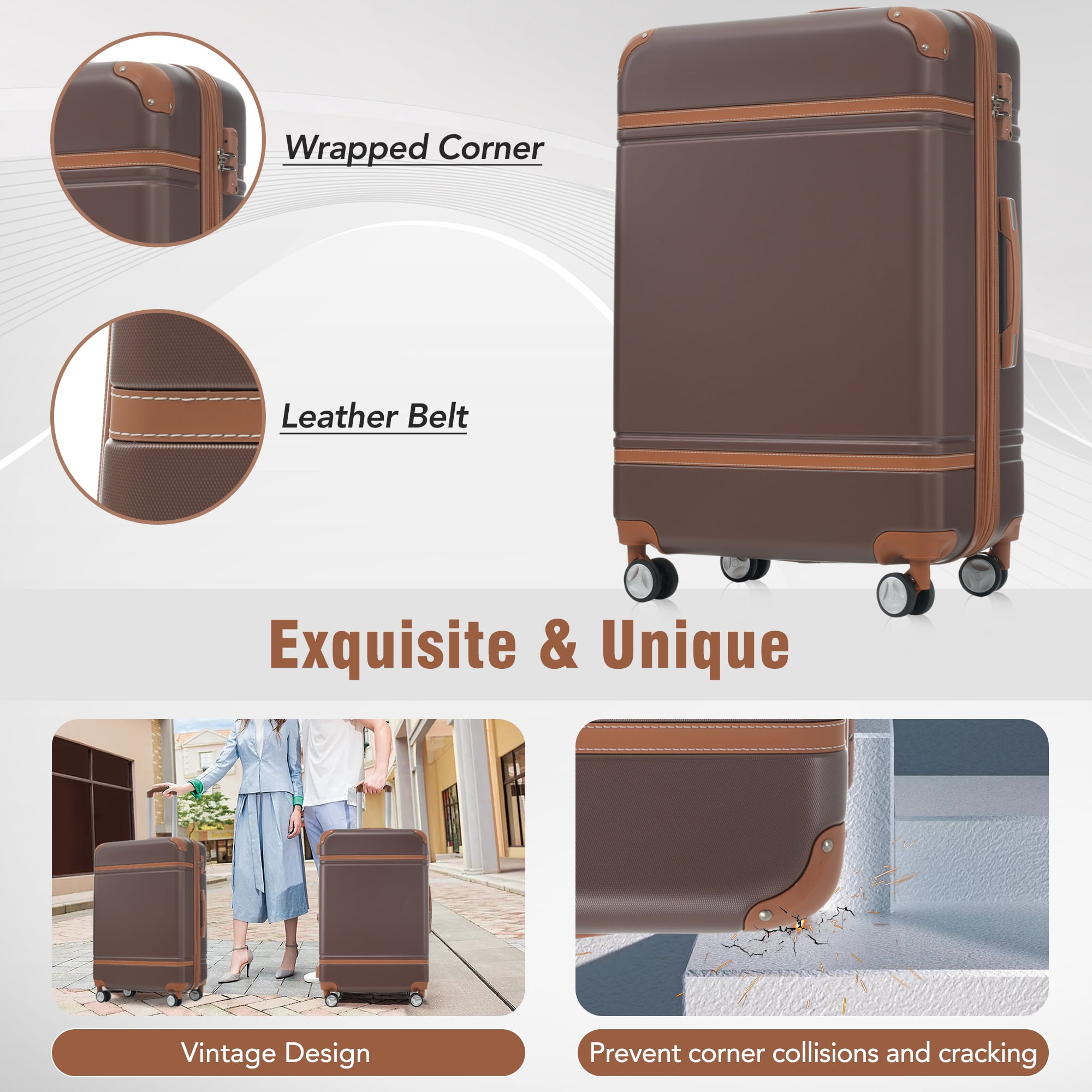 MAYEERTY Vintage 3-Piece Luggage Set: 20"+ Expandable 24" Hardside Suitcase + Cosmetic Case, TSA Lock & Spinner Wheels, Brown
