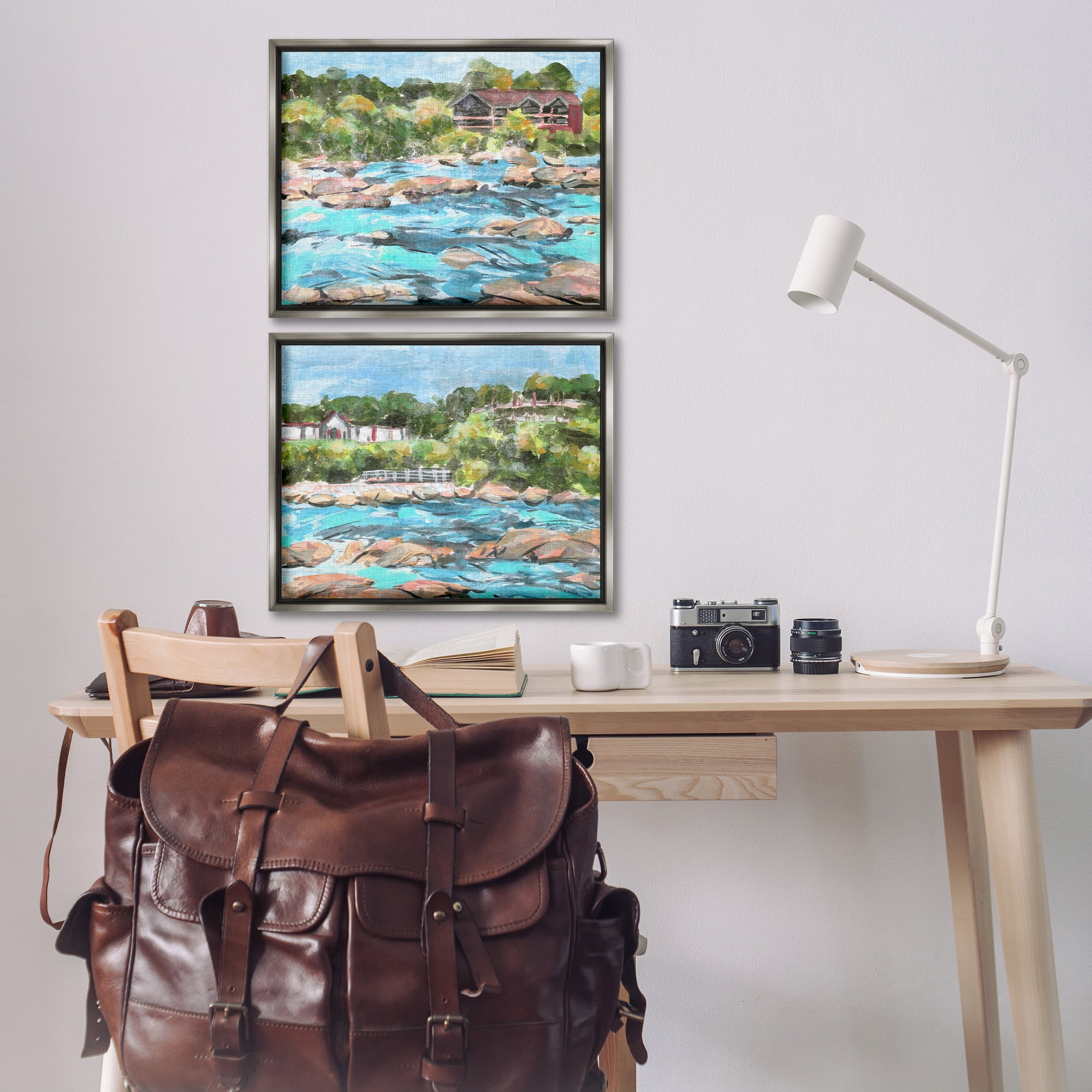 Stupell Industries Flowing River Rocks Nautical & Beach Painting Gray Floater Framed Canvas Art Print Wall Art, 21 x 17, Set of 2