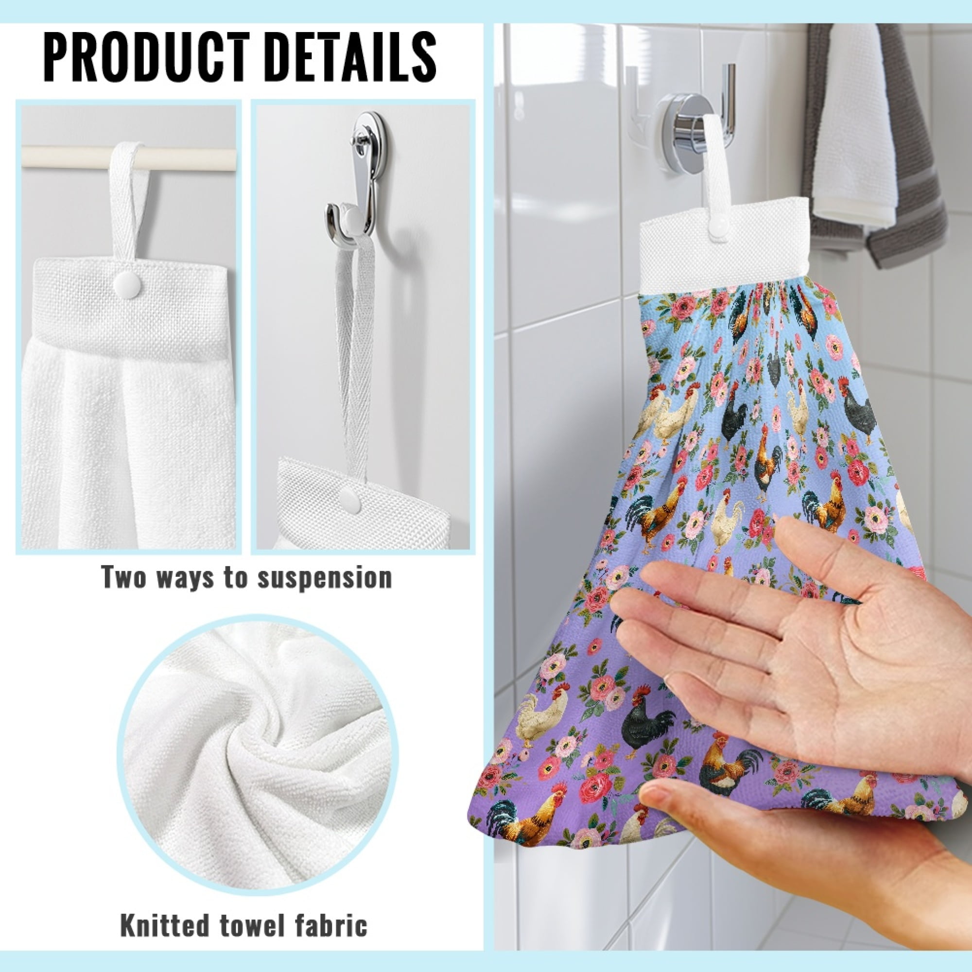 ZIATUBLE Chicken Flower Hand Bath Towel Washable Towels for Kitchen Drying Reusable Bathroom Hand Bath Towel with Snap Button Kitchen Hand Towels and Washcloths Tea Towels