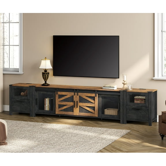 WAMPAT TV Stand set with Charging Station and Drawers,85 inch Farmhouse Entertainment Center with Sliding Barn Door,Media TV Console with Storage Shelf for Living Room Bedroom,Dark Walnut and Black