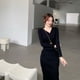 thumbnail image 4 of Hdspq-vestido de punto de manga larga con cuello en V para mujer, elegante vestido Midi ajustado de estilo coreano, ropa con cordones, Otoño e Invierno, 4 of 5