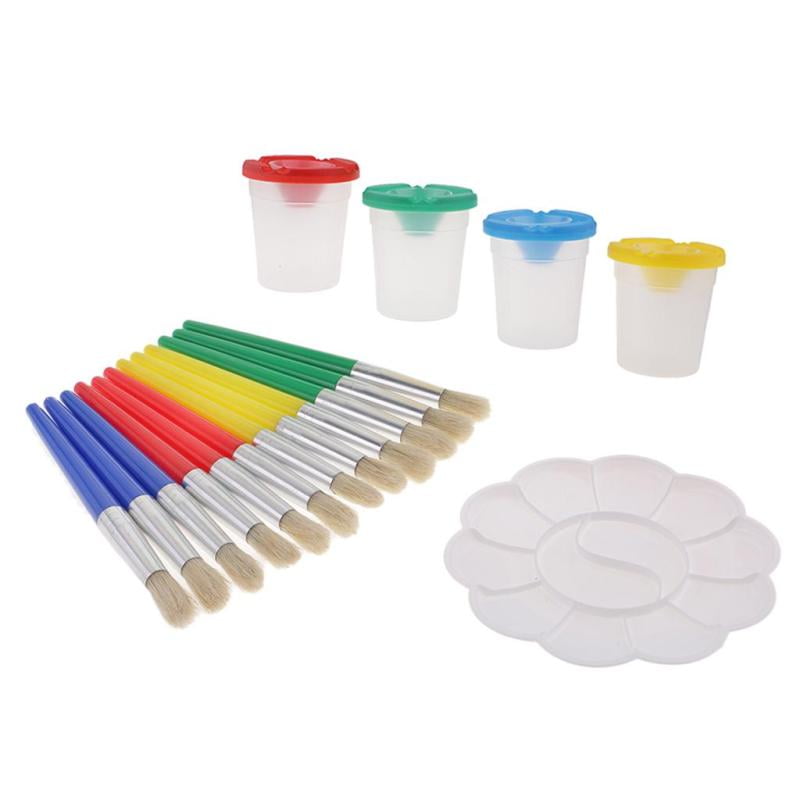 17Pcs Spill Proof No-Spill Paint Cups and Brushes Palette Kids Painting Toys 
