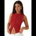 thumbnail image 3 of Women'S Sleeveless Round Neck Slim Fit Ribbed Button Vest Red M, 3 of 7