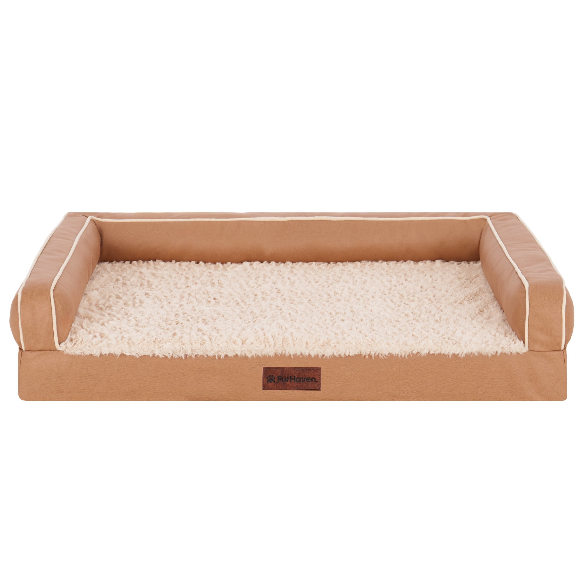 FurHaven Medium (20"x30") Orthopedic Dog Bed – Textured Plush & Coated Poly Modern Sofa Pet Bed, CertiPUR-US Foam, Removable Washable Cover, Camel