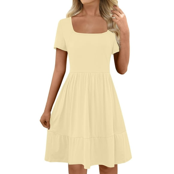 biudgviw Midi Dresses for Women Summer Casual Short Sleeve Square Neck Tiered A-Line Dress Knee Length Sundresses