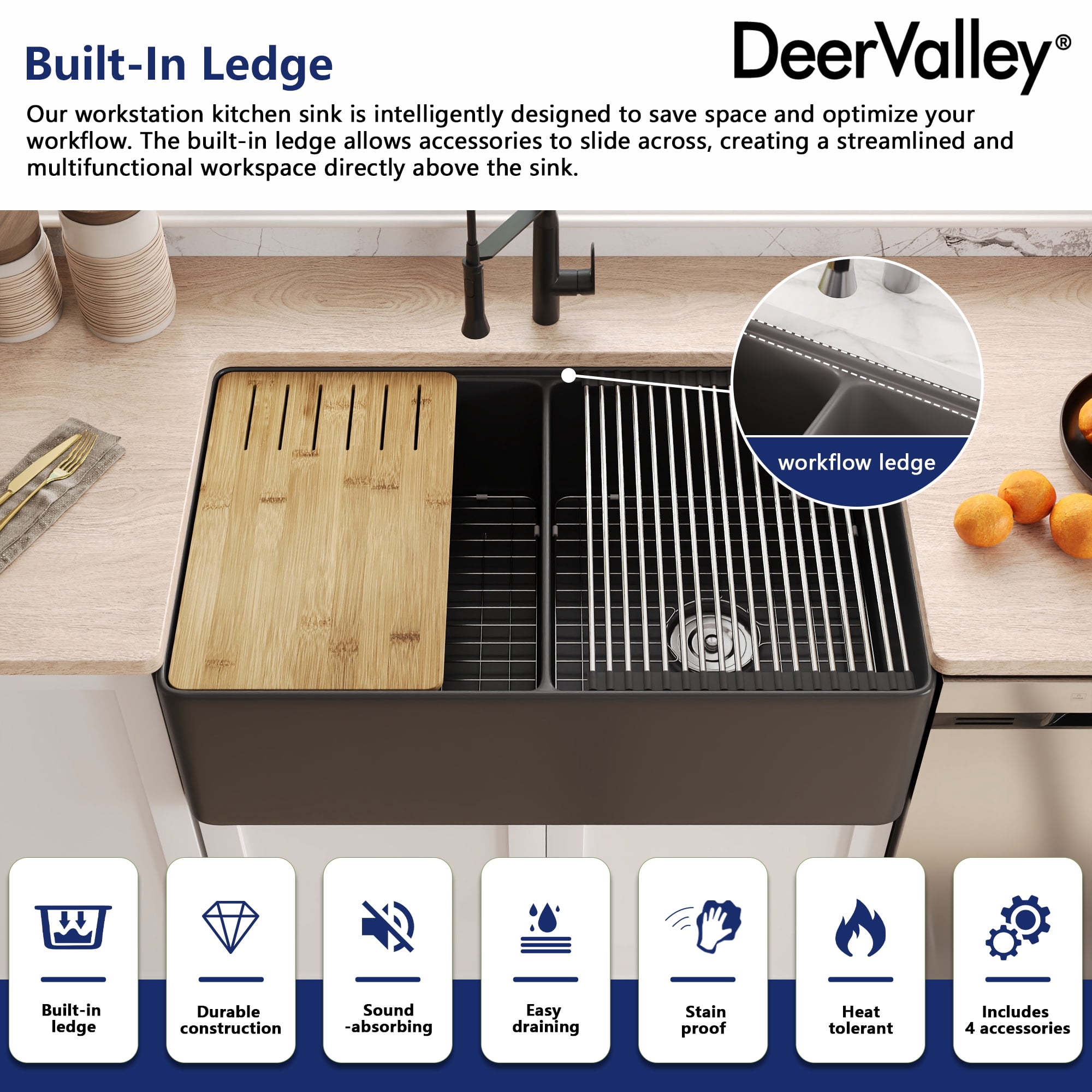 33" L X 20" W Double Basin Workstation Farmhouse Kitchen Sink With Sink Grid, Cutting Board And Dish-Drying Rack  DV-1K0068B