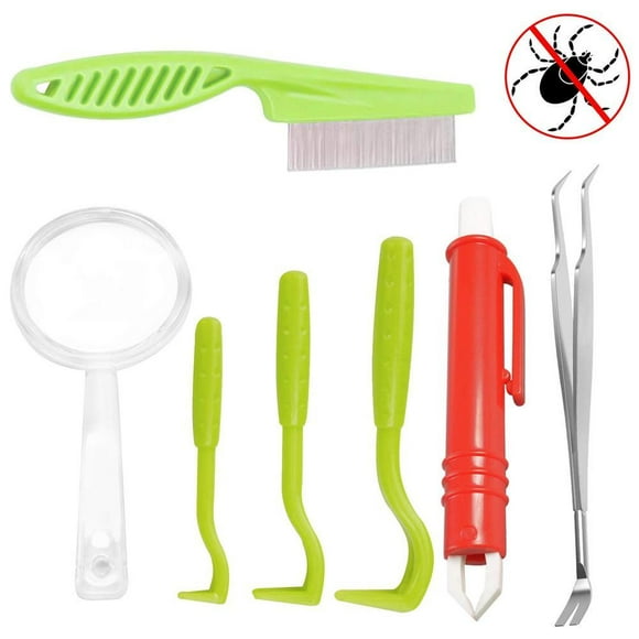 Set 7 Pcs Pet Dog Tick Remover Tool Set Tick Hook Flea Tick Tweezers Clip Remover Flea Comb Magnifying Glass For Dogs Cats