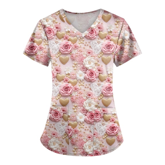 Hearthz S-5XL Valentine Day Scrubs for Women Love Heart Graphic Women's Scrub Tops V Neck Short Sleeve Nurse Uniforms with Pocket