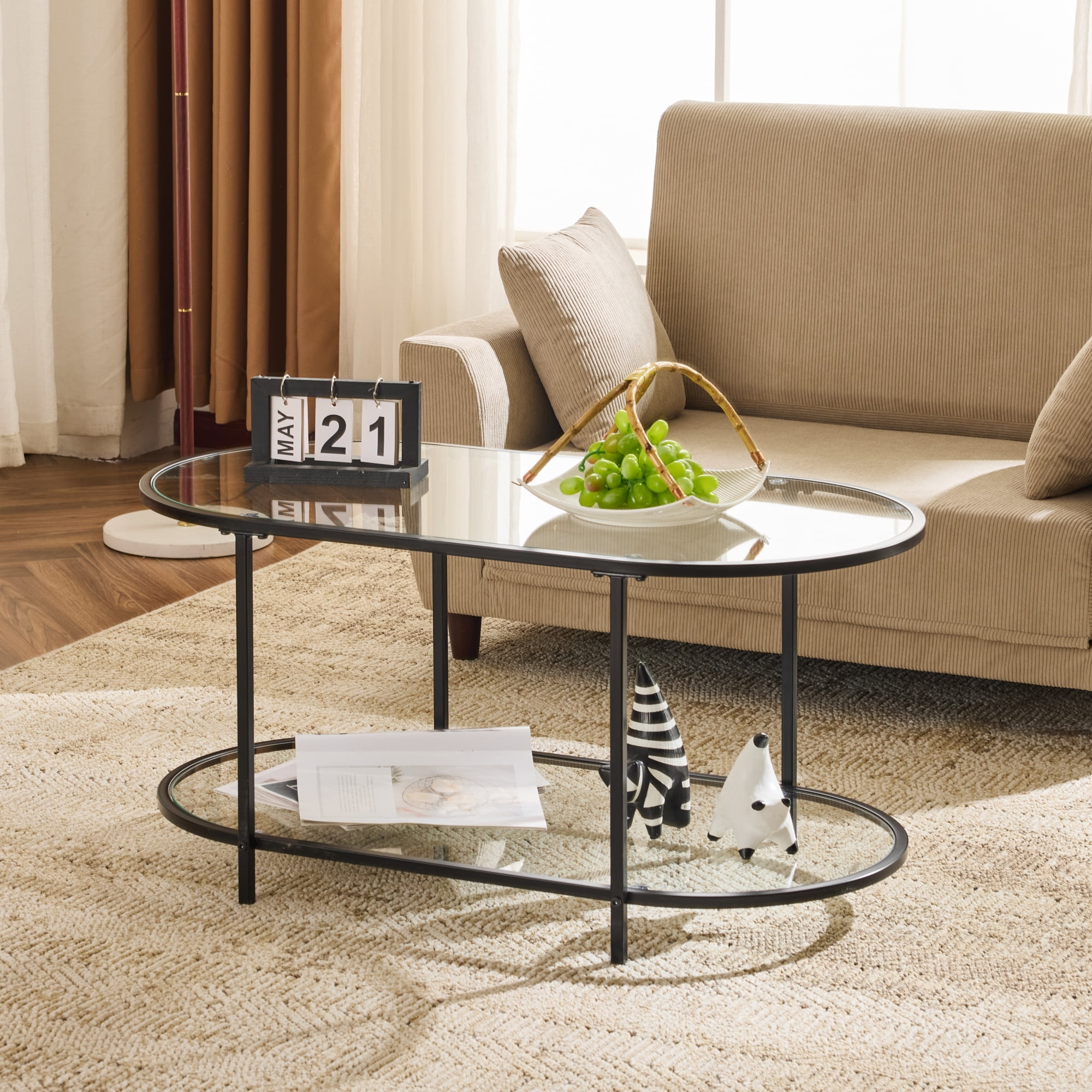 Ktaxon Rustic Coffee Table, Transparent Glass 2-Tier Oval Vintage Minimalist Design Center Table Rust Resistant Narrow Table for Living Room, Black