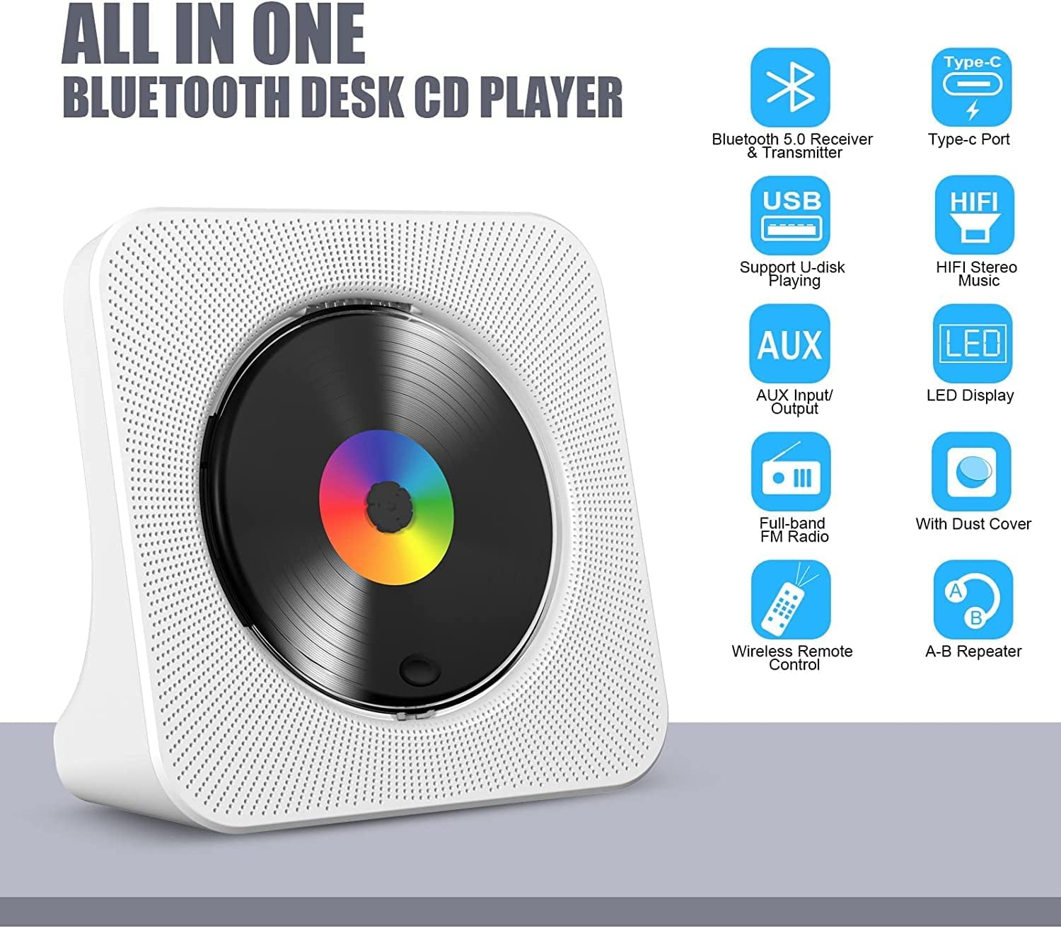 CD Player Portable Bluetooth Desktop 4000mAh Rechargeable CD Player with Remote Control for Home CD Player with Timer HiFi Speakers Dust Cover LCD Screen Display FM Radio-White