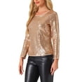 thumbnail image 4 of INSPIRE CHIC Blusa de lentejuelas doradas con escote redondo y mangas largas para fiesta, 4 of 5