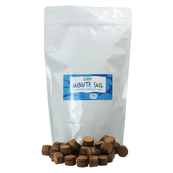 Minute Soil - Compressed Coco Coir Fiber Grow Medium - 20 MM Pellets - Bag of 100 = 5 Quarts of Potting Soil - Indoor Container Growing: House Plants, Herbs, Microgreens, Just Add Water - OMRI