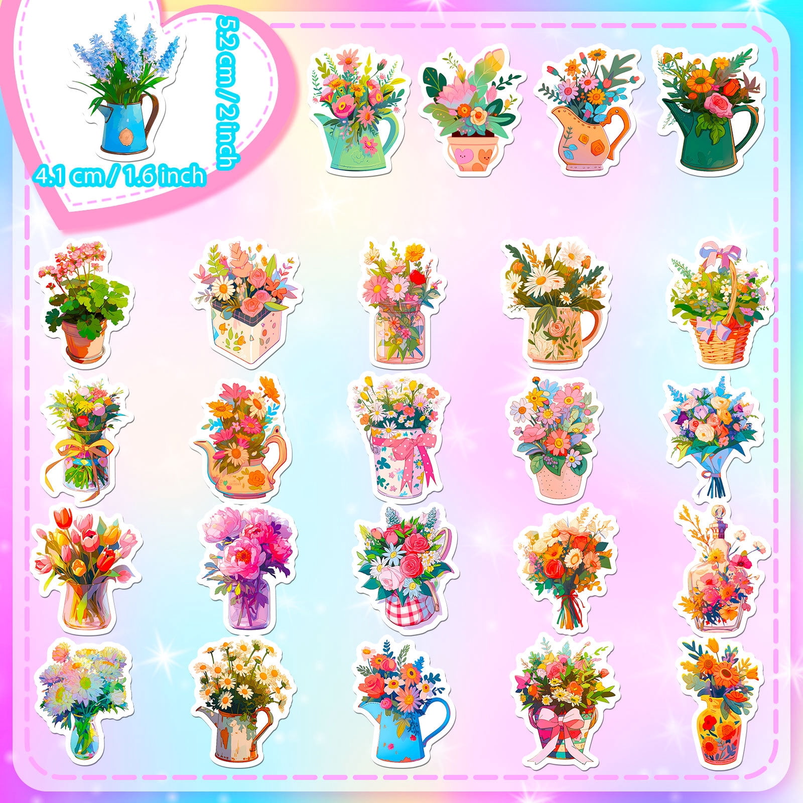 50-Pack Handheld Flower Stickers - Romantic Floral Doodle Designs, Cute Fresh Style, Ideal for DIY Projects and Cross-Border Trends