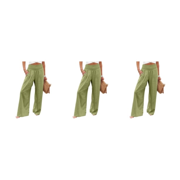 Pantalones Qarigey Mujer Verano Primavera con bolsillos color sólido Suelto Pierna ancha cintura alta Amarillo verde