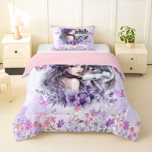 Manfei Romantic Floral Lady Twin Comforter Sets,Gray Wolf Bedding Set,Pink Reversible,2 Pieces,1 Comforter and 1 Pillowcase