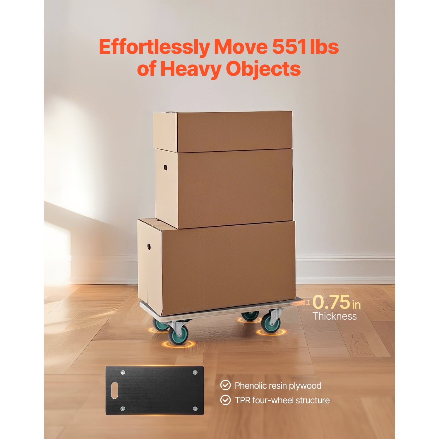 KFFKFF Furniture Mover, Supports up to 551 lbs, Equipped with 4 Quiet TPR Wheels, Rectangular Versatile Flat Transporter for Piano, Sofa, Washing Machine, Refrigerator, Pack of 2, Black