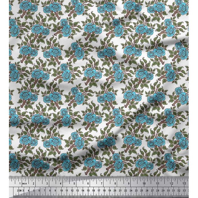 Soimoi Modal Satin Fabric Leaves & Floral Block Decor Fabric Printed Yard 42 Inch Wide