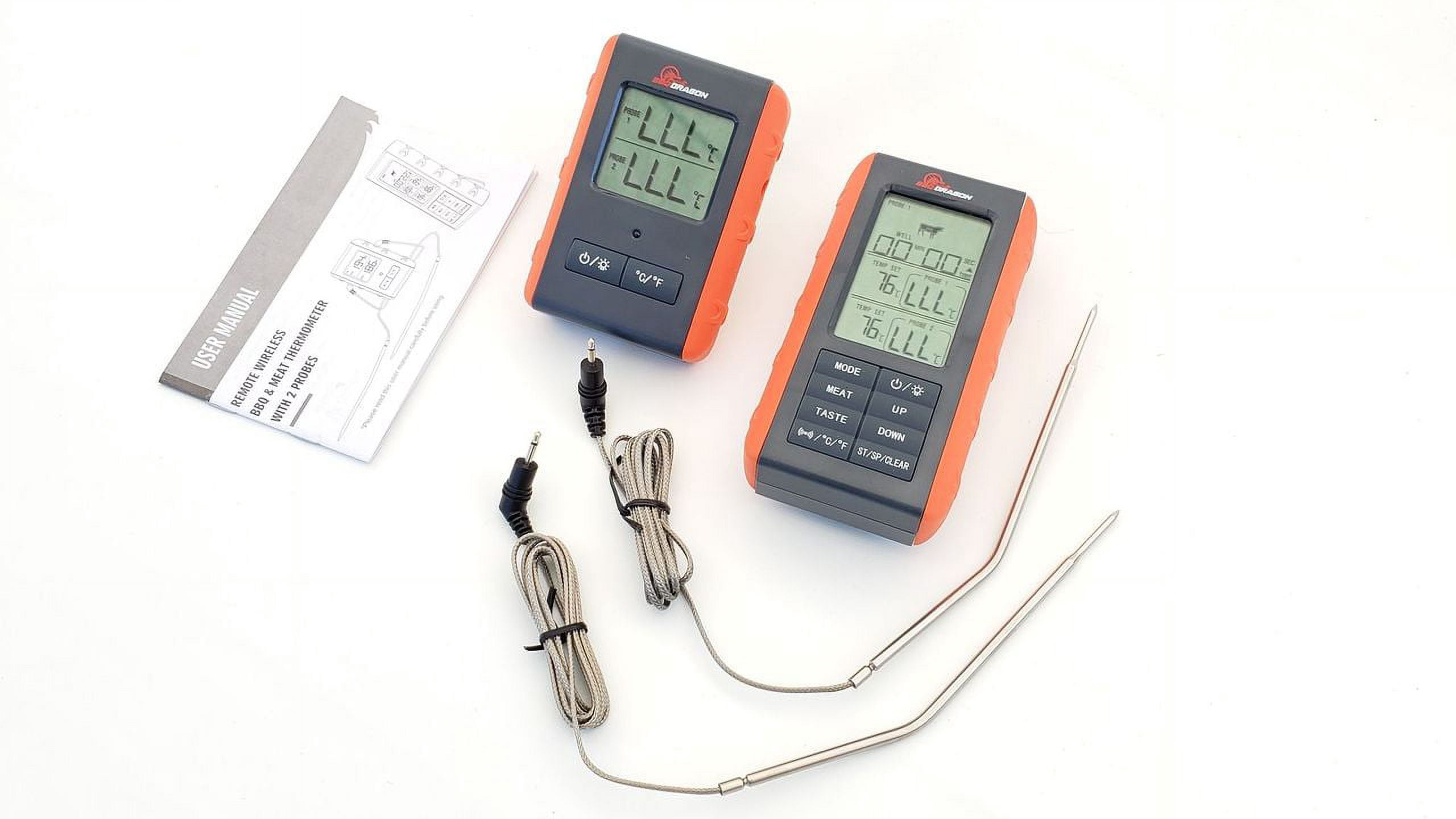 BBQ Dragon 2 Piece Wireless Meat Digital Thermometer with Remote, 2 High-Temperature Probes Perfect for Smoking or Roasting