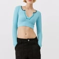 thumbnail image 4 of Women Long Sleeve Crop Tops Ribbed Tee Shirts Solid Color Vintage V Neck T-Shirt Streetwear, 4 of 7
