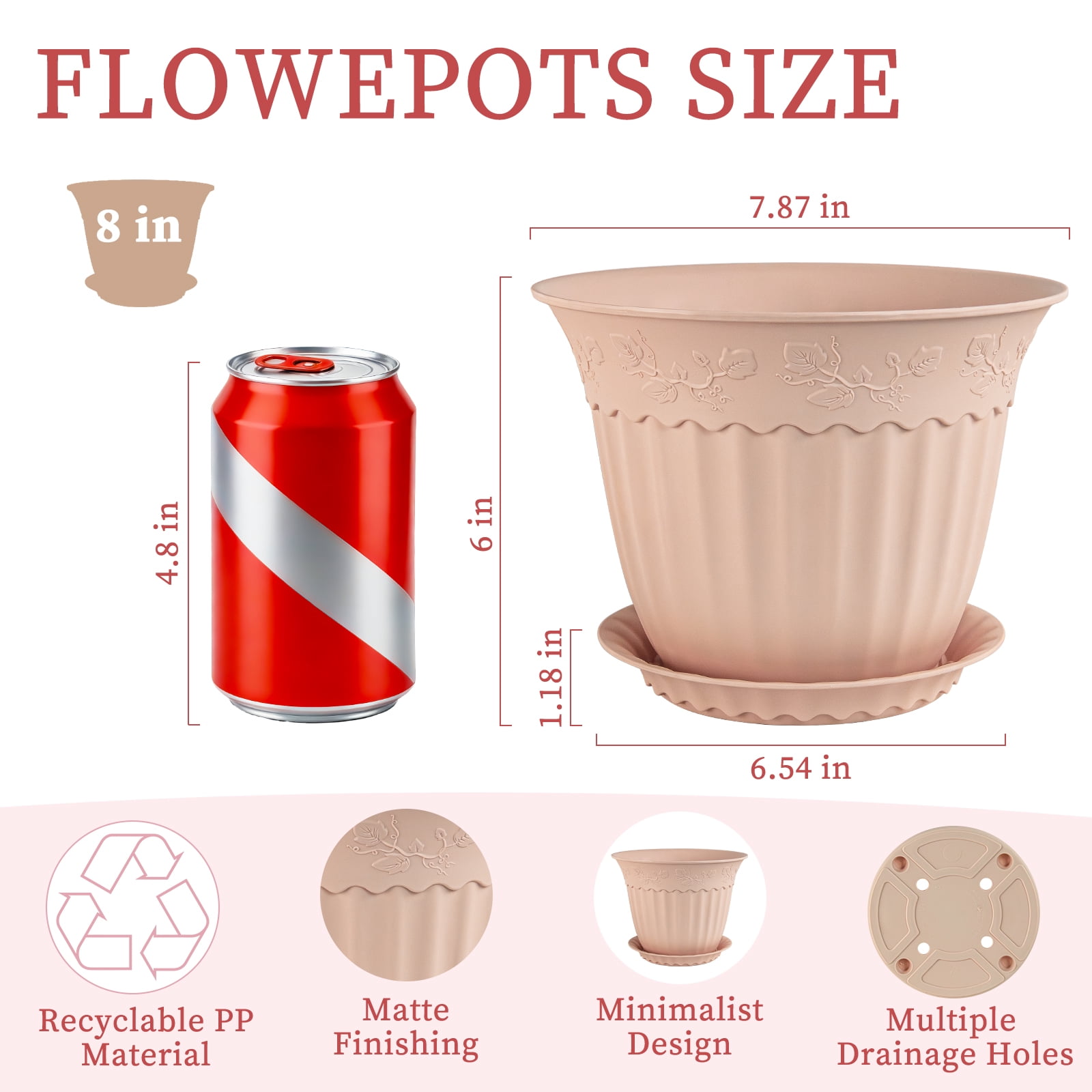 FIASON 6 Pack 8 Inch Pink Embossed Plastic Plant Pots, Vine Pattern Flower Planters with Drainage Holes and Saucers, Indoor Outdoor Decorative Plant Pots