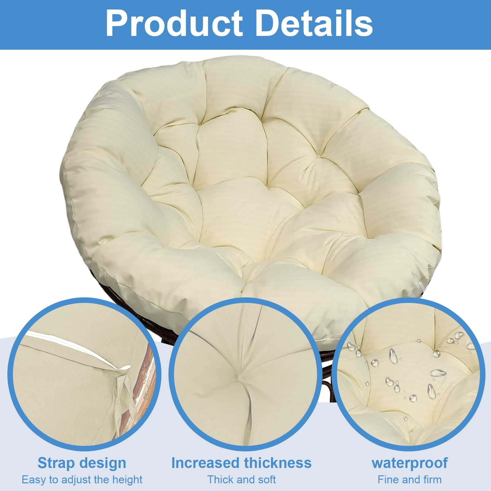 JIAN YA NA Indoor Outdoor Papasan Cushion, 47-inch Hanging Egg Chair Cushion Replacement (Without Chair), Beige