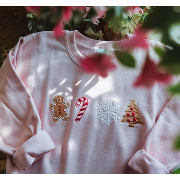 Gingerbread Candy Cane Snowflake Tree Pullover, Christmas Embroidered Sweatshirt, Cozy Holiday Sweater, Cute Winter Embroidery Gift