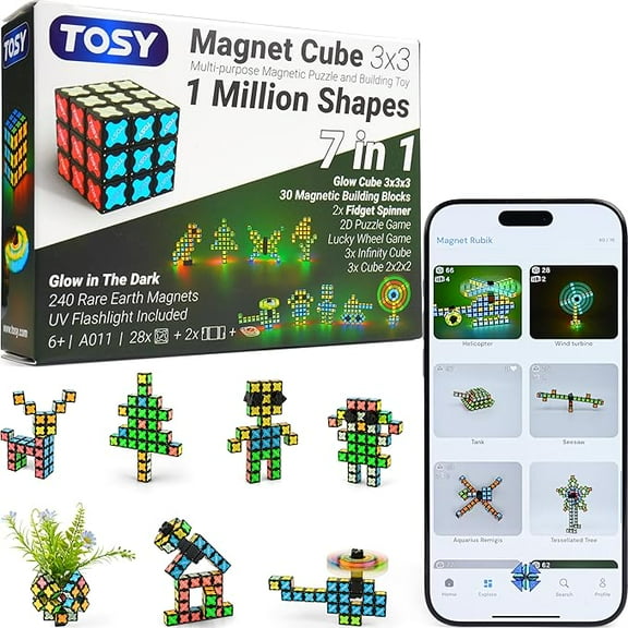 TOSY Magnet Cube 3x3 - 30 Blocks, 240 Magnets, Multipurpose: Creative Building Blocks, Transformable Fidget Spinner, Puzzle/Infinity Cube, Christmas Stocking Stuffers Gift for Kids, Glowing STEM Toy