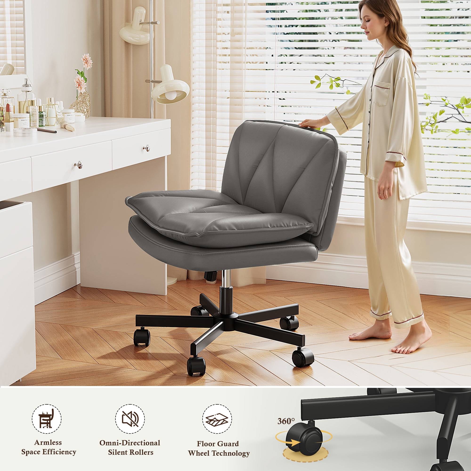 Romorgniz 27" W Chair Criss Cross Legged Office Chair Armless Adjustable Desk Chair with Wheels, Wide Seat, and 2-Layer Cushion, Grey