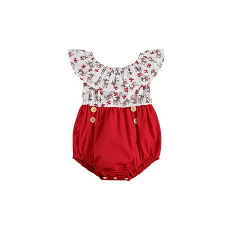 

Carolilly Baby Romper Deer Bowknot Print Round Neck Fly Sleeve Bodysuit Playsuits for Girls Red 0-24 Months