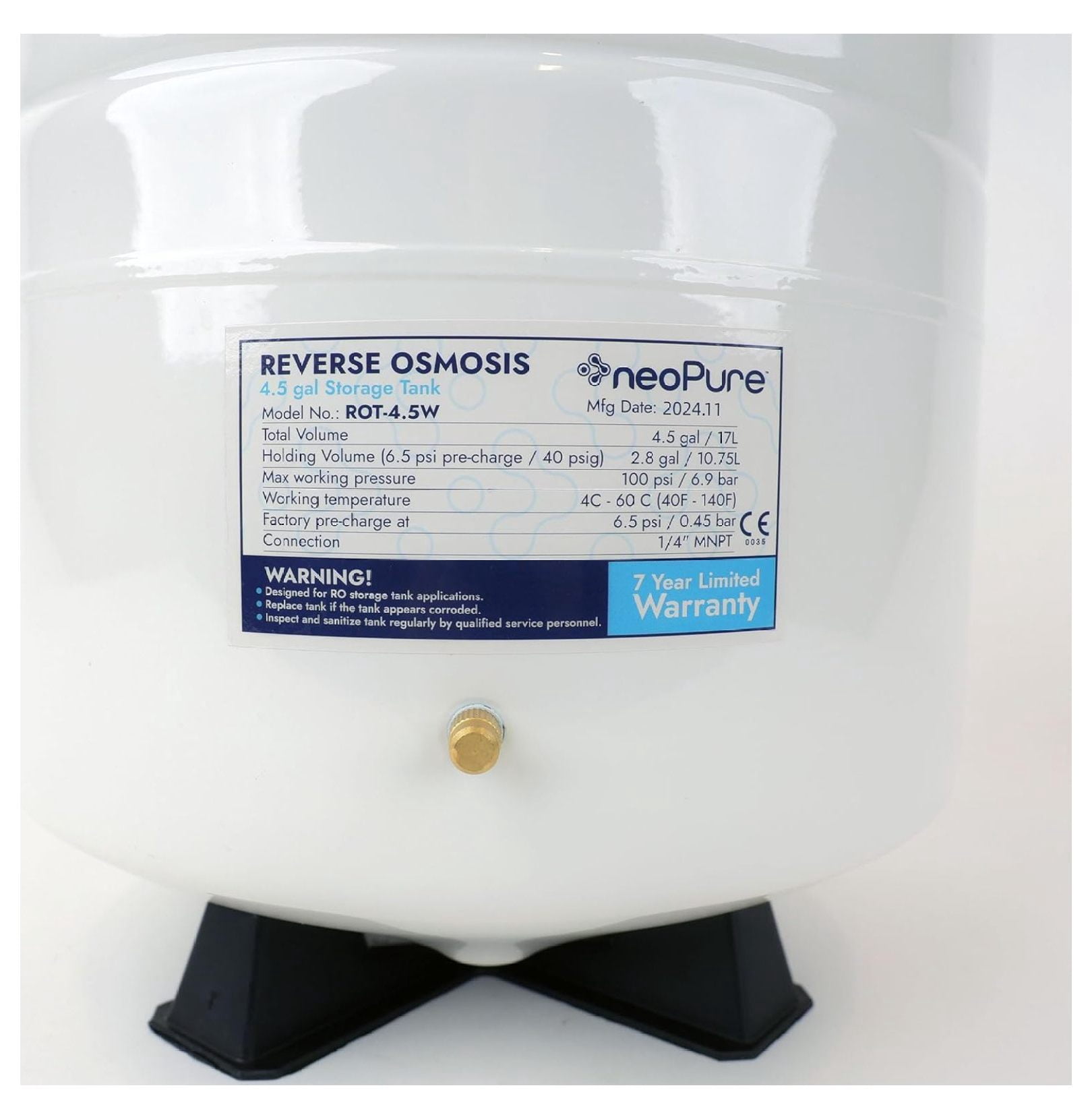Reverse Osmosis Water Tank – 4.5 Gallon RO Storage Tank, Under Sink Filtration System Replacement, Pre-Pressurized Steel Tank with Shut-Off Valve