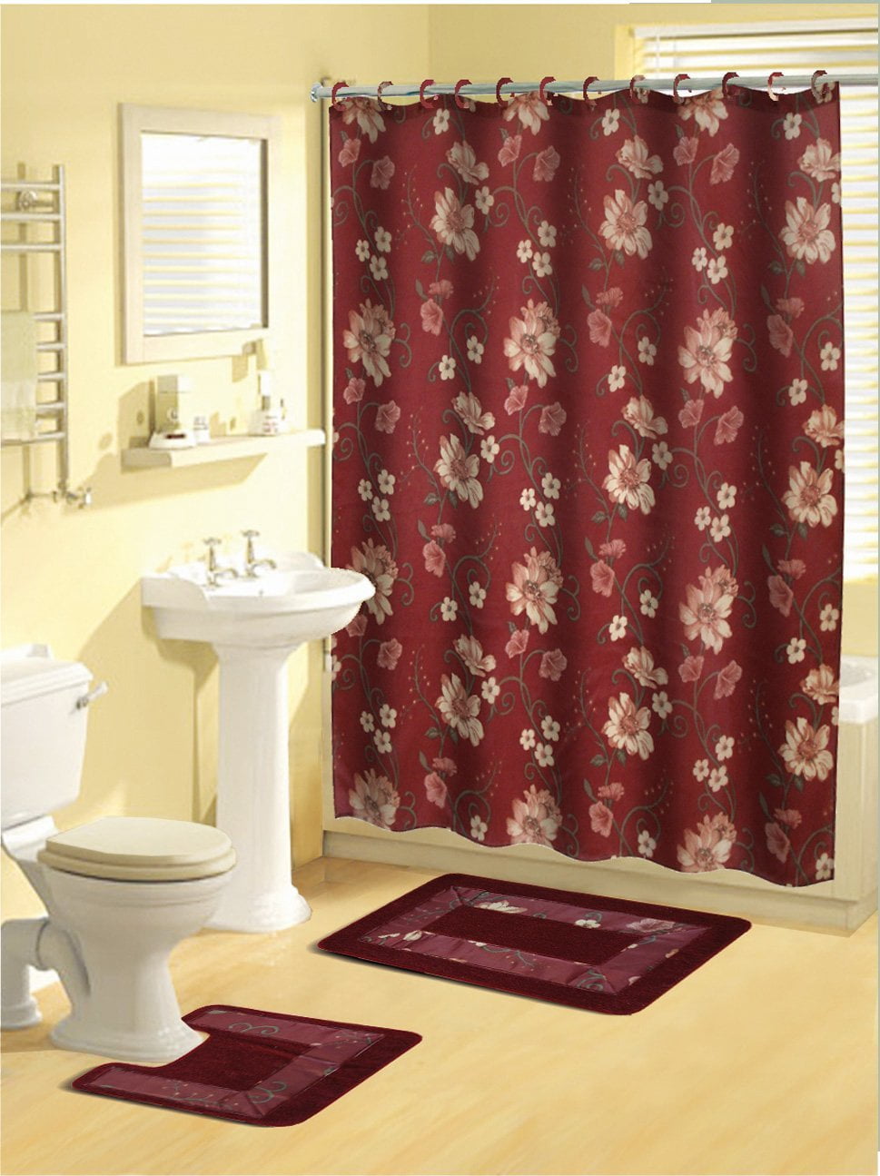 18-Piece-Floral-Burgundy-Shower-Curtain-Set---Includes-...