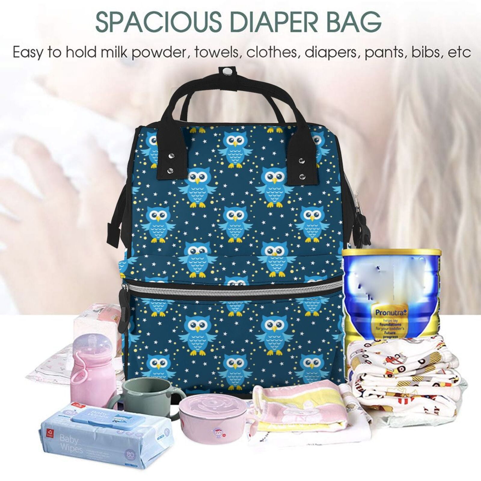 Ratiio Blue Owl Mummy Backpack - Waterproof Twill Canvas, Large Capacity Diaper Bag with Multiple Pockets and Adjustable Straps
