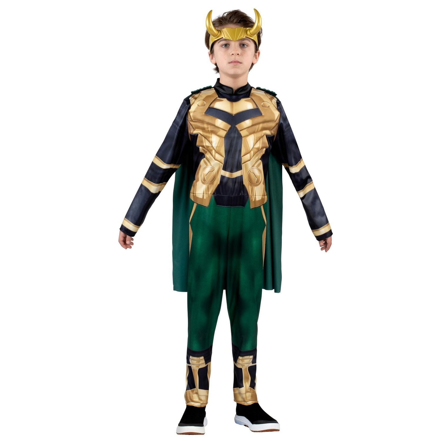 MARVEL Youth Loki Costume - Padded Jumpsuit, Detachable Cape, and 3D Plastic Headpiece