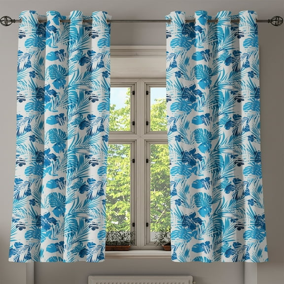 Ambesonne Leaf Grommet Curtain, Hawaiian Flowers Palm Tree, 50" x 63", Dark Blue Lilac