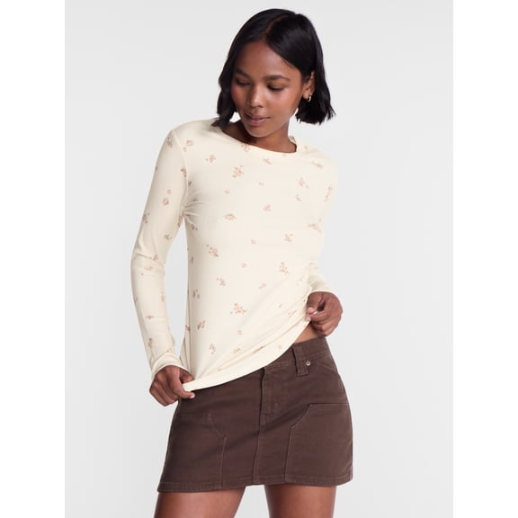 No Boundaries Ribbed Crewneck Tee with Long Sleeves, Women's and Women's Plus XXS-4X