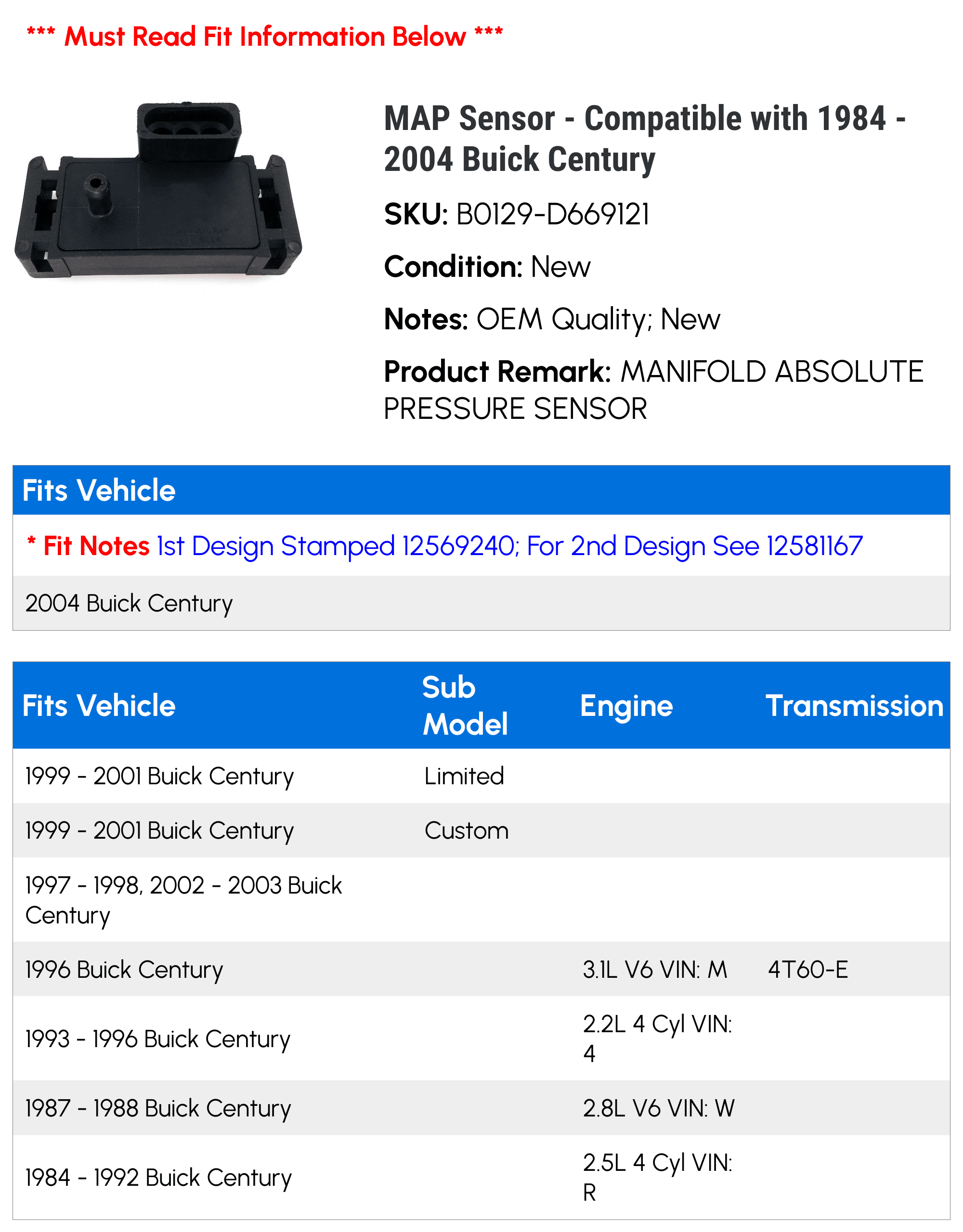 MAP Sensor - Compatible with 1984 - 2004 Buick Century 1985 1986 1987 1988 1989 1990 1991 1992 1993 1994 1995 1996 1997 1998 1999 2000 2001 2002 2003