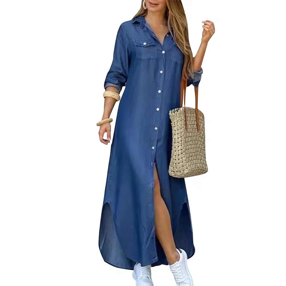 thumbnail image 1 of Vestido camisero con botones y mangas 3/4 enrolladas para mujer, informal, estampado floral, largo, holgado, 1 of 3