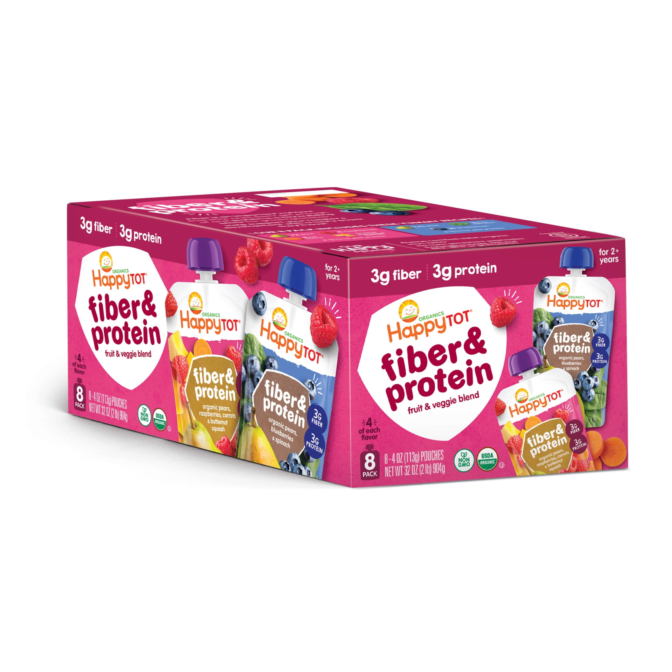(2 pack) Happy Tot Organics Fiber & Protein Stage 4, 2-Flavor Variety Pack Organic Tot Food, 4 oz (8 Pouches)
