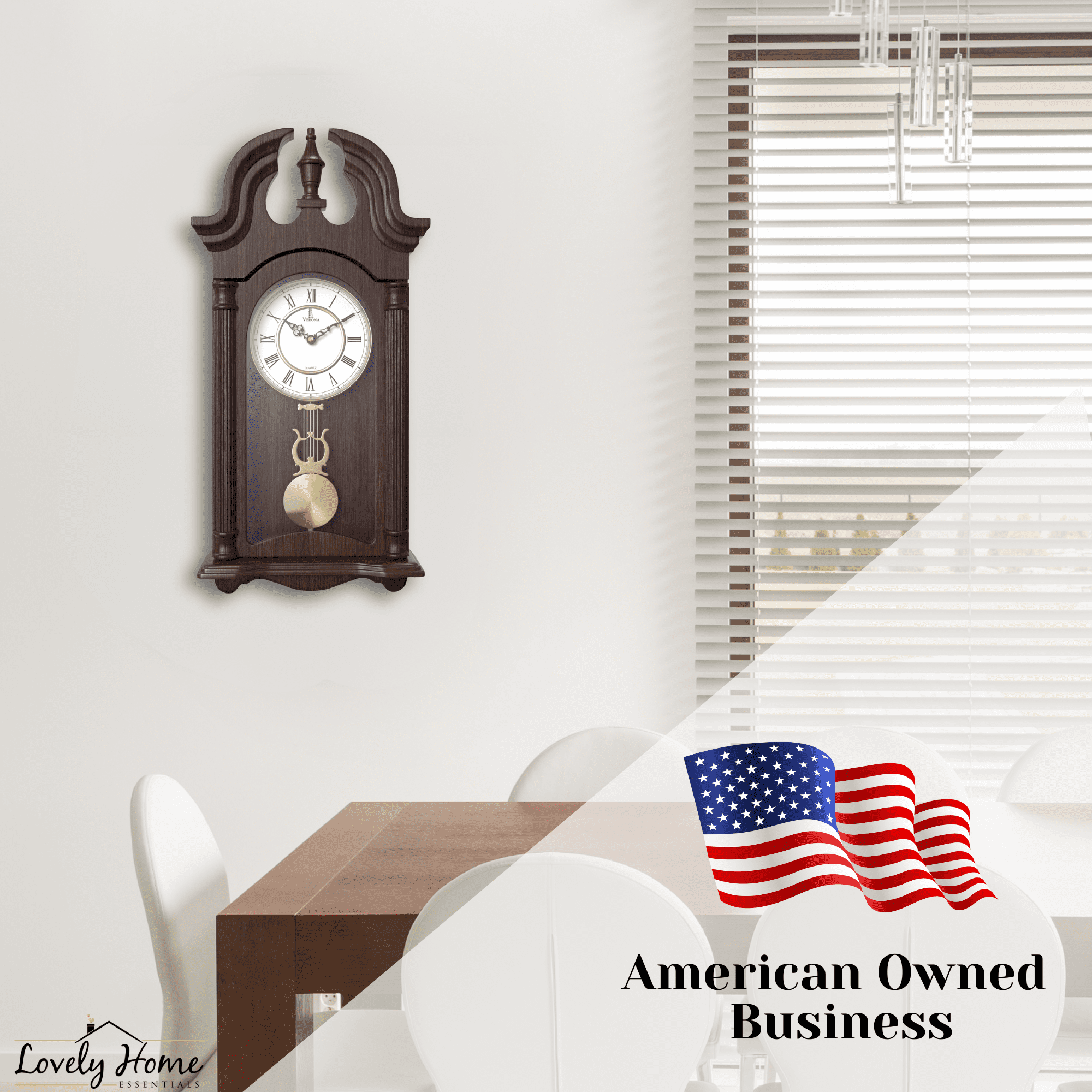 Pendulum Wall Clock, Silent Decorative Wood Pendulum Clock with Swinging Pendulum, Battery Operated, Dark Wooden Design, for Living Room, Dining Room, Kitchen, Office & Home Décor, 23.5x9.25 Inch