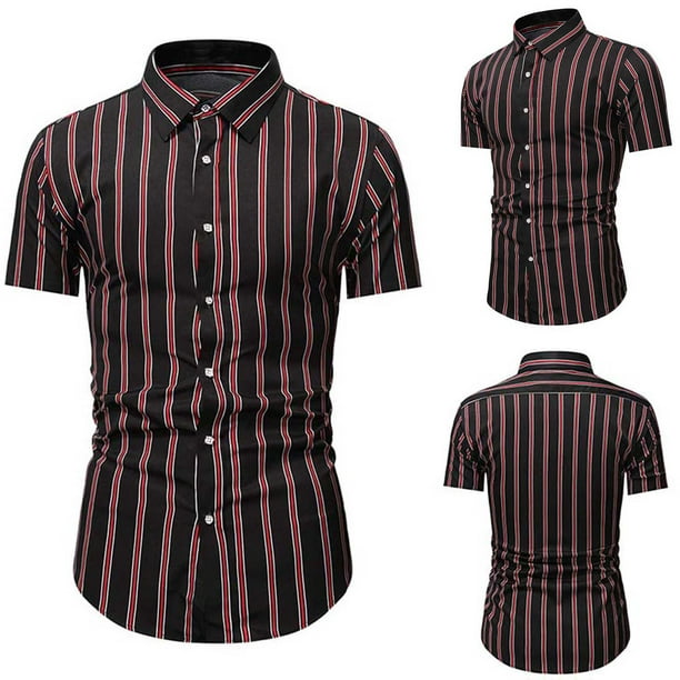 Men's Short Sleeve Dress Shirts Slim Fit Vertical Stripes Lapel WrinkleFree Button Down