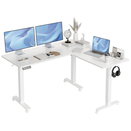 INNOVAR L Shaped Standing Desk Adjustable Height Dual Motor Electric Corner Computer Standing Desk 63x55 inch Ergonomic Sit Stand up Desk with Splice Board for Home & Office White Large