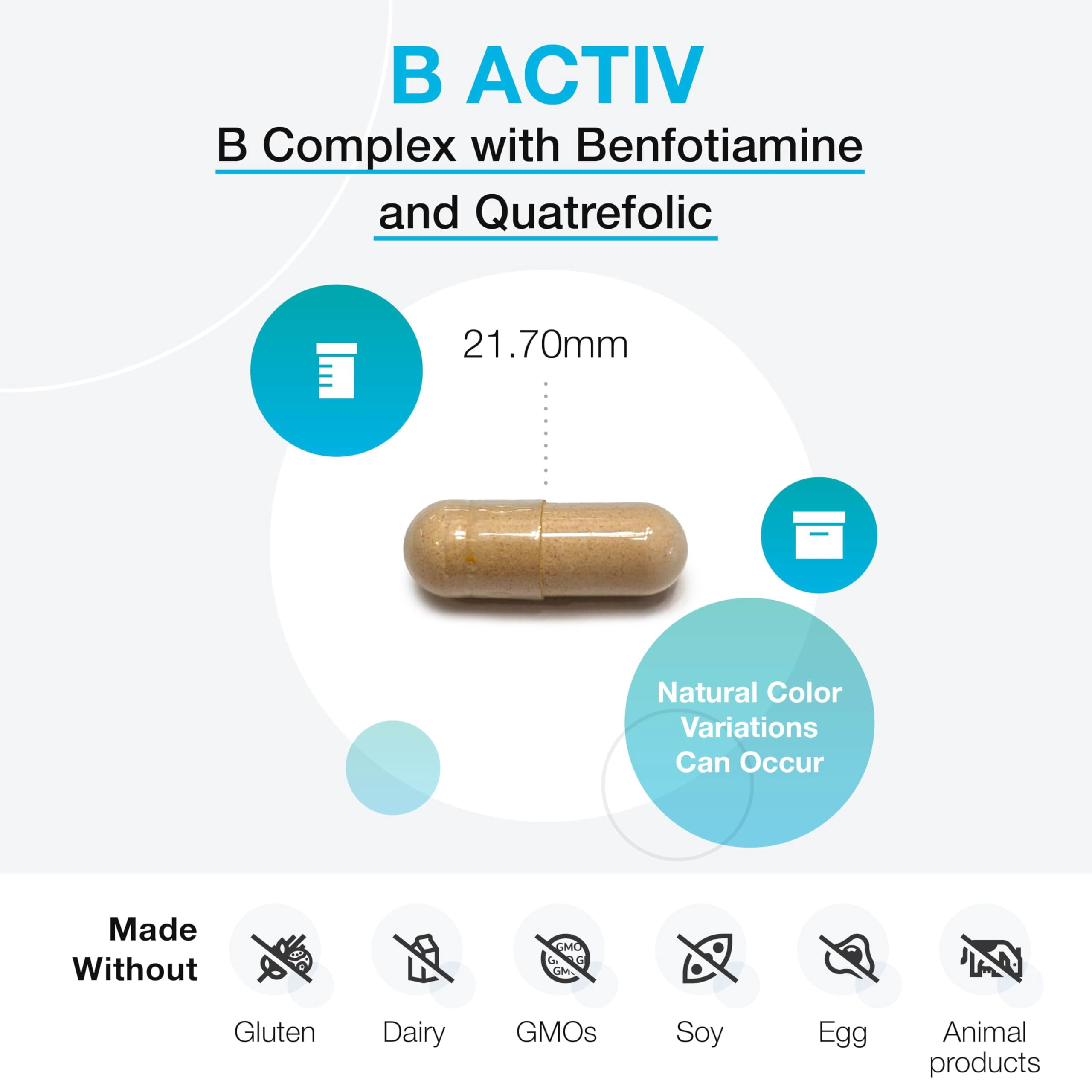 XYMOGEN B Activ Vitamin B Complex with Benfotiamine, Methylfolate, Biotin, Vitamin B6 - Energy Supplements Vitamin B12 (Methylcobalamin b12) - Adrenal Support + Mood Support Supplement (180 Capsules)
