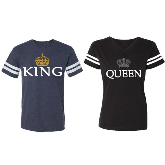 King Queen Old Matching Couple Cotton Jerseys (Men Navy / Women Black) (Men S / Women S)