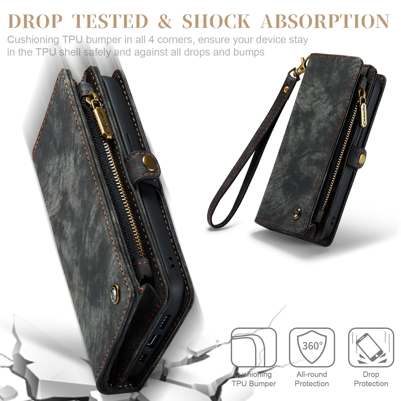 Feishell Durable 2-In-1 Magnetic Detachable Wallet Case for iPhone 11,for Women Men,Premium PU Leather Zipper Pocket Flip Multi Card Slots Purse Phone Case with Wrist Strap,Black