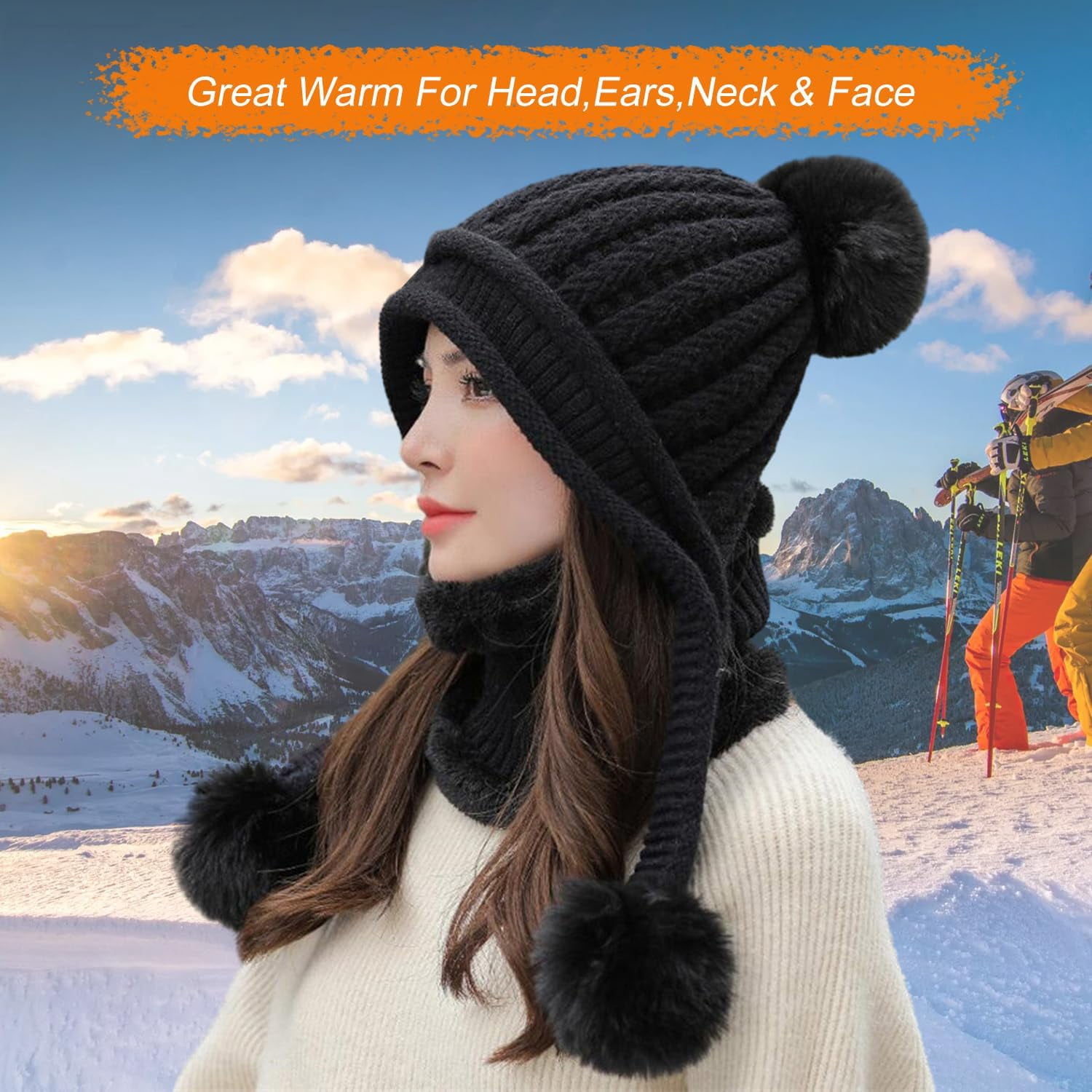 Zhengup Women Winter Beanie Hat Circle Scarf Set Pompoms Peruvian Ski Snow Ear Flaps Sherpa Knit Hats Fleece Lined,S to M Size Head