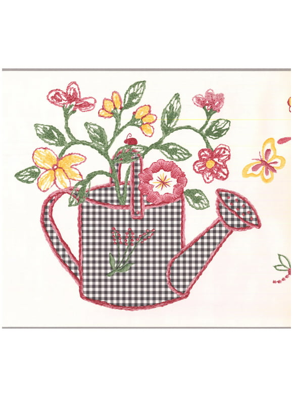Wallpaper Border - Checkered Black Red Watering Cans Flowers White Wall Border Retro Design, Prepasted Roll 15 ft X 10 in